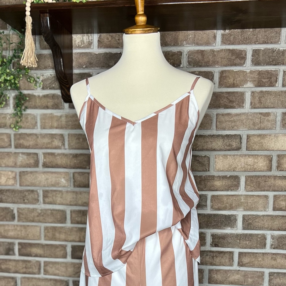 SHEIN Size XL 2 piece set. Tan & White striped silk cami and pant set.